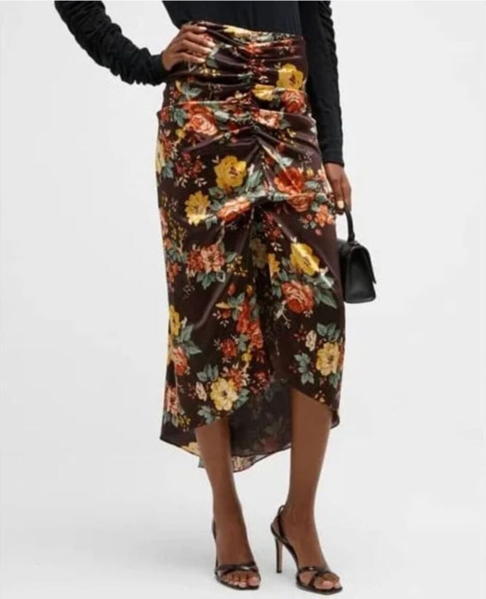 Veronica Beard Pixie Floral Ruched Silk Midi Skirt US 6 Brown Roses Cocktail